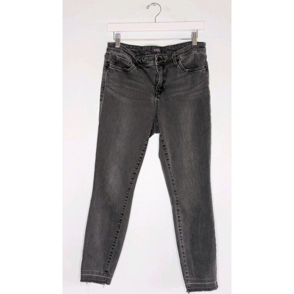 NYDJ Ami Skinny Jeans Released Hem Raw Frayed Distressed Olympic Gray Black 10